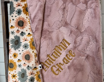 Personalized Baby Blanket – Luxury Minky Blanket with Name Embroidery, Baby Shower Gift, Custom Toddler Blanket - Minky Sunflower Blanket