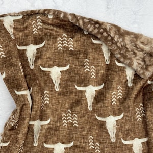 Custom Embroidered Lovey Baby Blanket - Longhorn Skull Newborn Security Blanket and Toddler Minky Blanket