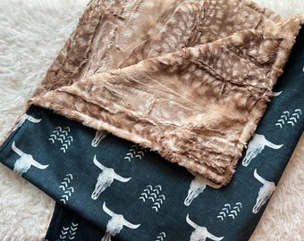 Linen navy longhorn lovey, Personalized one name embroidery minky baby blanket, desert longhorn skulls, fawn deer blanket, Minky lovie