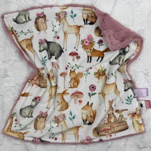 Personalized Boho woodland animal minky lovey for baby, baby girl lovey, mauve snuggle security blanket, ribbon sensory lovey, ready to ship