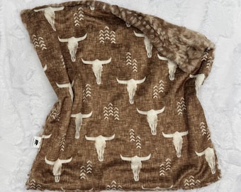 Brown Longhorn lovey , minky southwest lovie, desert skulls, personalized embroidery, customized baby boy gift, western nursery blanket
