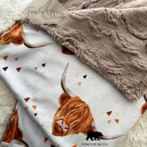 Highland cow baby blanket, pick your own backing, customize modern blanket, fawn minky security blanket, cute boho highland cow