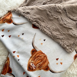 Highland cow baby blanket, pick your own backing, customize modern blanket, fawn minky security blanket, cute boho highland cow