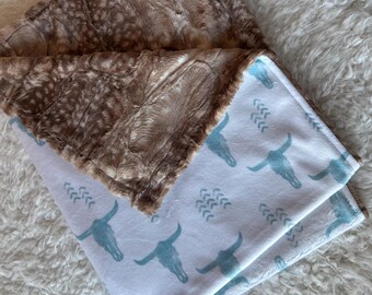 Embroidered Blue longhorn skulls blanket, Minky security blanket, longhorn cow lovey, southwest lovey, desert longhorn skulls, personalized
