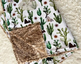 Manta personalizada de cactus del desierto, manta minky, manta de seguridad, manta de cactus, manta infantil de flores del desierto, funda de almohada de viaje de cactus