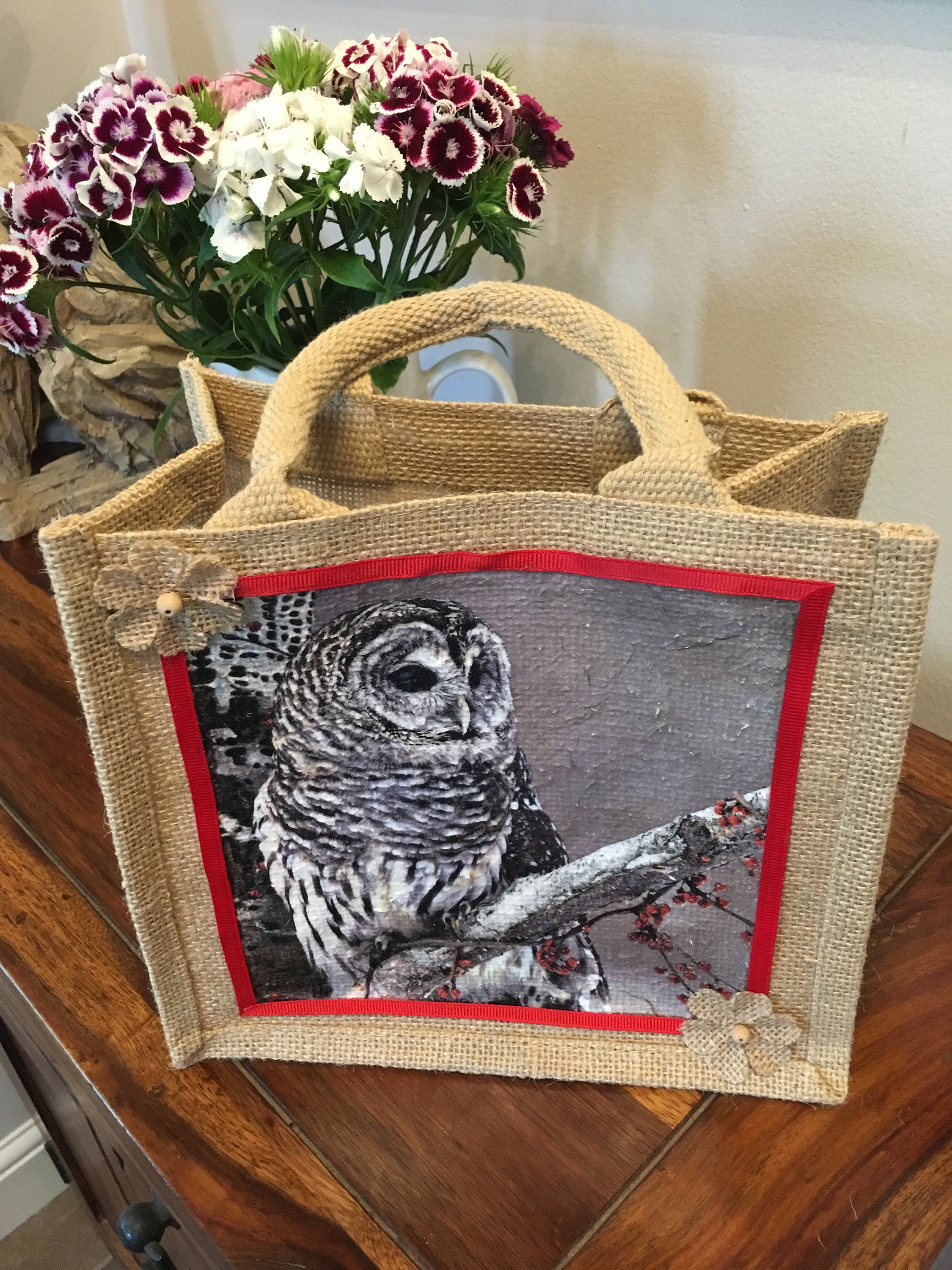 Jute/Hessian owl decorated decoupage bag Etsy
