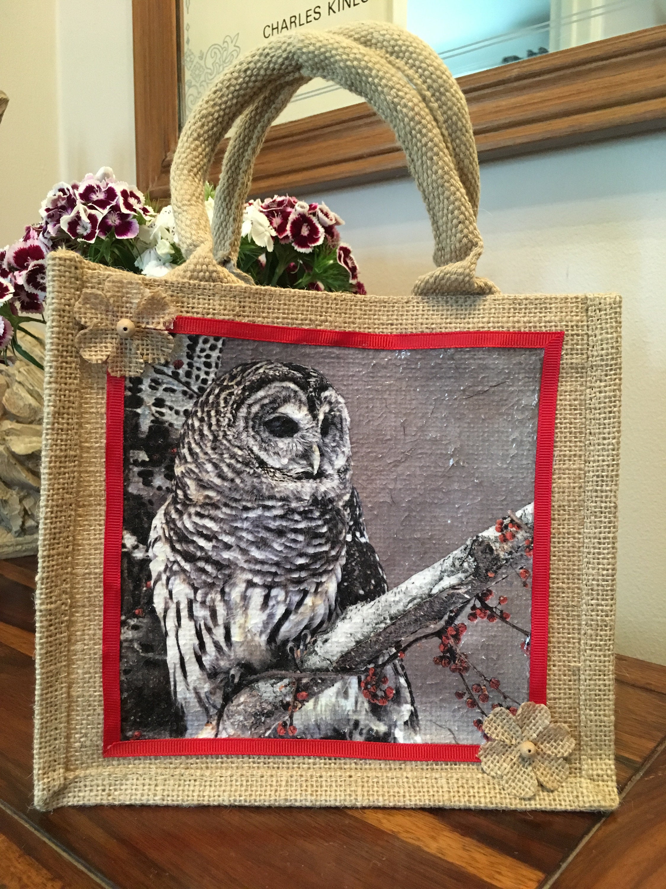 Jute/Hessian owl decorated decoupage bag Etsy