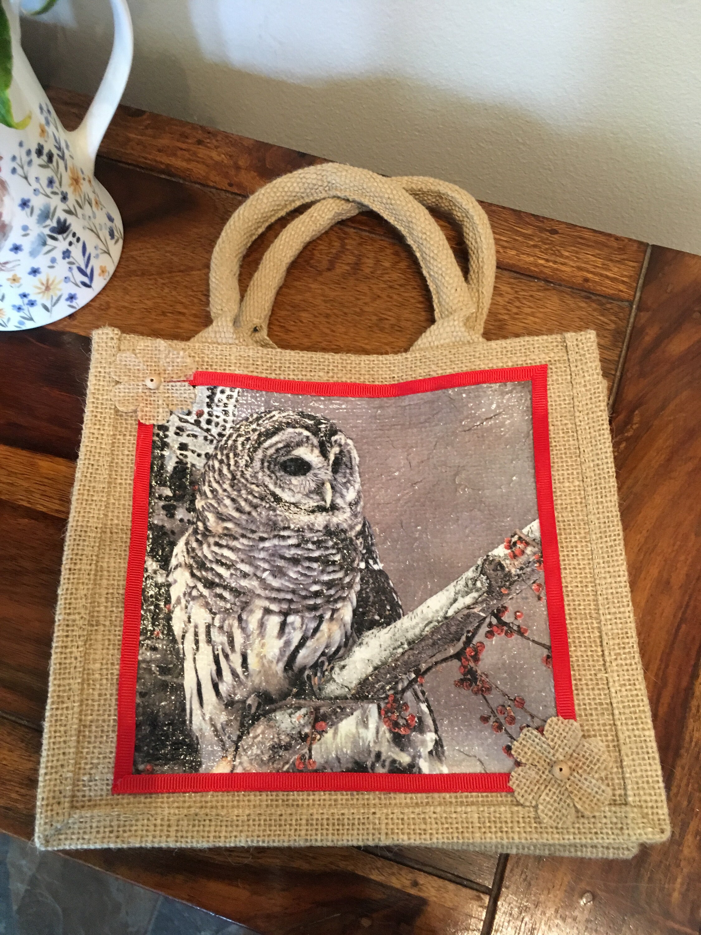 Jute/Hessian owl decorated decoupage bag Etsy