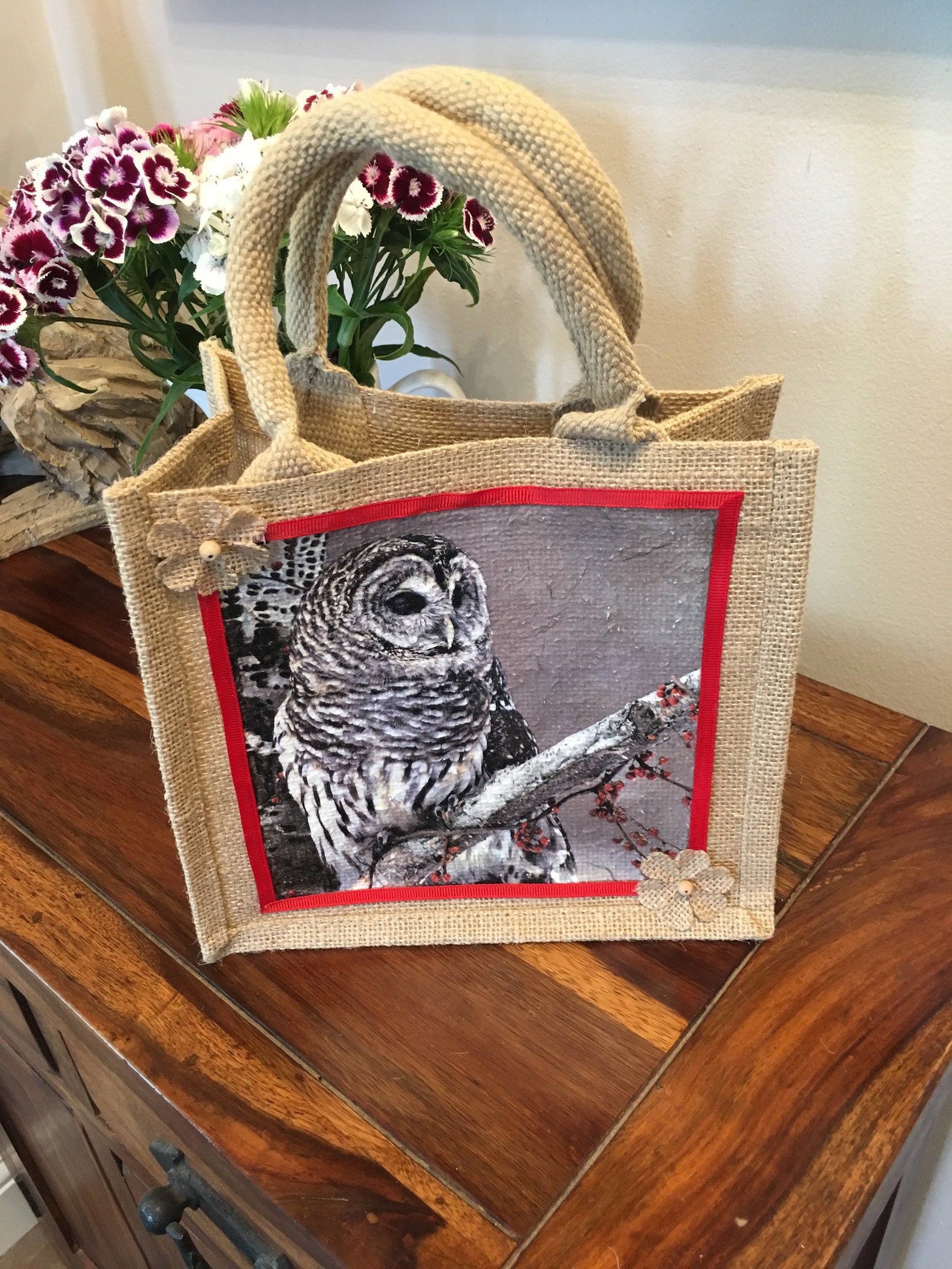 Jute/Hessian owl decorated decoupage bag Etsy