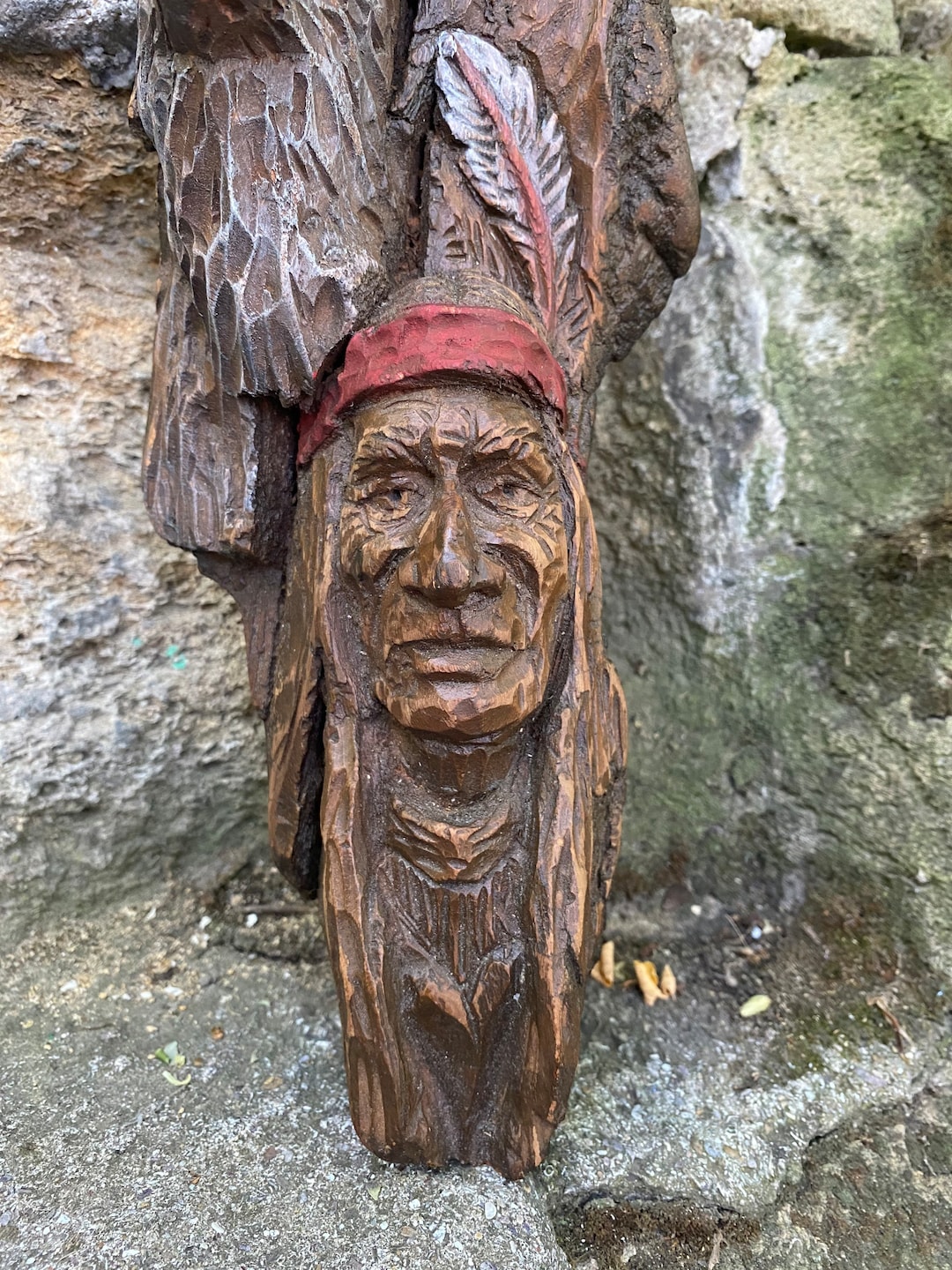 Wooden Indian Face With Bear Statue Hand Carved Wall Art, Wood Carved Native American Red Indian