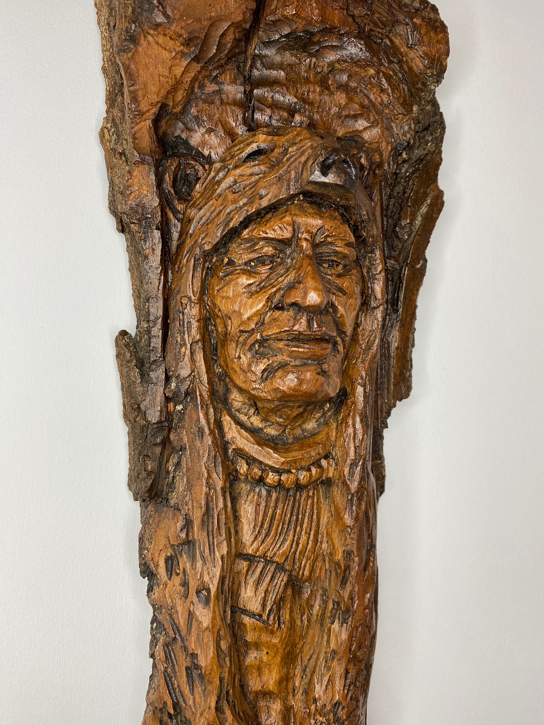 Wooden Indian Head With Stuffed Bear Sculpture, Wood Carving