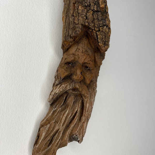 Wood Tree Spirit Face Carving Sculpture Small Wall Hanging Art, Hand Made Wooden Forest Man Outdoor Sculpture Carvings By Artist