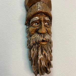 Wood Tree Spirit Face Carving Sculpture Small Wall Hanging Art, Hand Made Wooden Forest Man Outdoor Sculpture Carvings By Artist