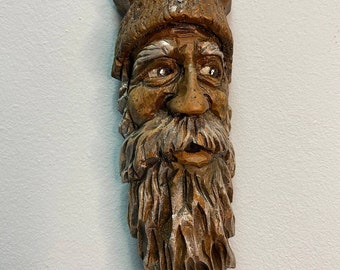 Wood Tree Spirit Face Carving Sculpture Small Wall Hanging Art, Hand Made Wooden Forest Man Outdoor Sculpture Carvings By Artist