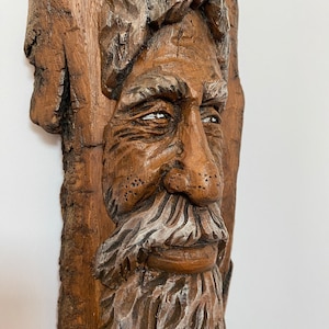 Wood Tree Spirit Face Carving Sculpture Small Wall Hanging Art, Hand Made Wooden Forest Man Outdoor Sculpture Carvings By Artist