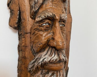 Wood Tree Spirit Face Carving Sculpture Small Wall Hanging Art, Hand Made Wooden Forest Man Outdoor Sculpture Carvings By Artist
