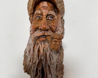 Spirit Of The Woods With Pipe, Carving Hand Made Cottage Art, Wooden Face Mountain Forest Man Tree Wall Hangings Rustic Home Decor