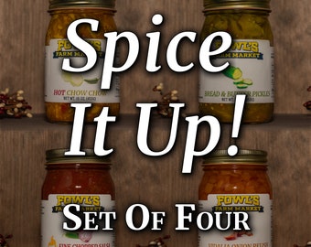 Spice it up! - Try our 4 favorite relishes and salsa!  Bread & Butter Pickles, Chow Chow, Vidalia Onion Relish, and Fine Chopped Salsa