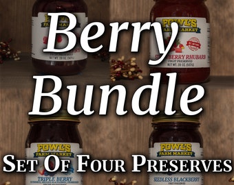 Berry Bundle- Try our 4 favorite berry conserves! Red Raspberry, Strawberry Rhubarb, Triple Berry, Blackberry