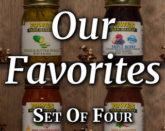 Try our top 4 favorites! Bread & Butter Pickles, Triple Berry Preserves, Apple Butter, and Fine Chopped Salsa