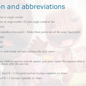 May include: A diagram with a list of crochet abbreviations and their meanings. The abbreviations include sc, inc, w, dec, Corr, Carr, and Turn. The diagram also includes two examples of how to use the abbreviations.