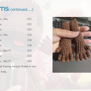 May include: Crochet instructions for making amigurumi arms. The instructions include the number of stitches to use for each row, along with the total number of stitches for each row. The instructions also include a note to finish off leaving enough thread to sew the arms to the body.