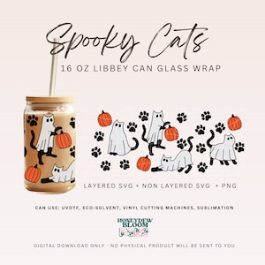 Halloween Ghost Cat Libbey Glass Svg, 16oz Glass Can Wrap, Spooky Glass Can Svg, Glass Cup Svg, Libbey Glass 16oz Svg, Halloween SVG