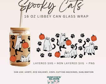 Halloween Ghost Cat Libbey Glass Wrap SVG, 16 uncji, upiorny wzór (pobranie cyfrowe)