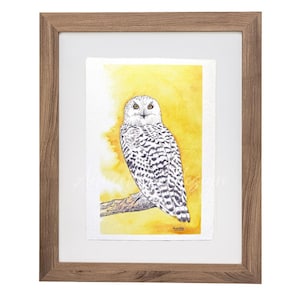 Petite impression d'art harfang des neiges | Format carte postale | Illustration à l'aquarelle et à l'encre | Art mural animalier | Sans cadre ni montage | oeuvre d'art de hibou | cadeau hibou