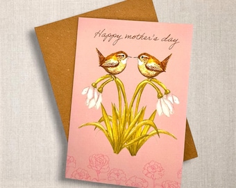 Mother’s Day greeting card - British wildlife - wrens and snowdrops