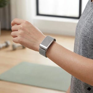 May include: A silver-toned fitness tracker with a rectangular display and a metallic mesh band worn on the wrist. The device features a sleek, modern design with a polished frame and a textured strap, providing a secure fit for active movement.
