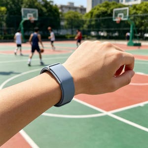 May include: A solid light blue silicone wristband with a smooth, matte finish and a simple metal buckle closure. The band is worn on a wrist, featuring a flexible, minimalist design that wraps securely around the arm for a comfortable fit.