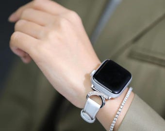 Crystal Rhinestone Apple Watch Band Women – Luxury Gold Leather Strap, Sparkly iWatch Bracelet Band