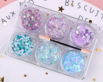 1 Set Purple Blue Gel Glitters - Sequins Gel Facial Make-Up, Instant Facial Glitters, Glue-free makeup gel, facial deco gel sequin glitters