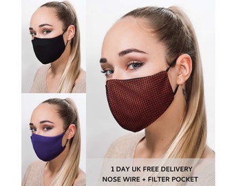 Face Mask Washable with Filter Pocket & Nose Wire, Triple Layer, Handmade, Skin Friendly,Easy To Breathe,Adjustable + Donation