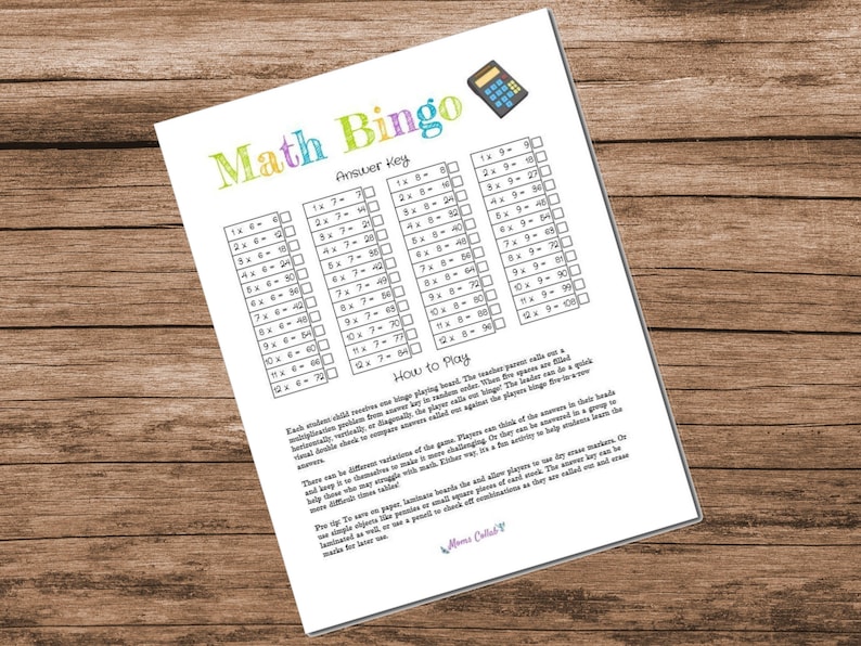 Math Bingo 6, 7, 8, and 9 Multiplication Learning Game Printable Answer