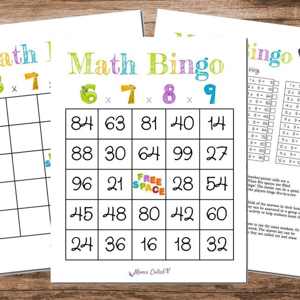 Math Bingo - 6, 7, 8, and 9 Multiplication Learning Game Printable - Answer Key, Blank Bingo Card, and 10 Unique Bingo Game Cards