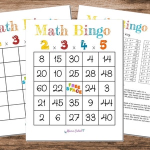 Bingo matematico - Gioco di apprendimento con moltiplicazione 2, 3, 4 e 5 stampabile - Chiave di risposta, scheda Bingo vuota e 10 carte da gioco Bingo uniche
