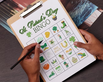 St. Patrick's Day BINGO Game for Kids (50 Unique Boards, 30 Calling Cards, BINGO Chips, Instructions)