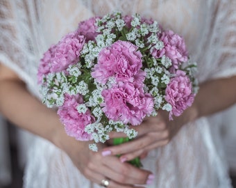 Pink carnation bouquet, pink wedding bouquet, pink flowers bouquet, spring wedding bouquet, artificial pink flowers, pink bridal bouquet