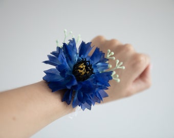 Navy corsage, cornflower corsage, royal blue corsage, wrist corsage, artificial cornflower, prom corsage, wedding corsage, dark blue corsage