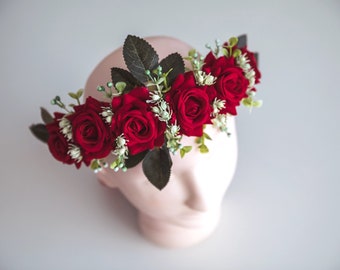 Flower head crown, flower crown, floral crown bride, red flower crown, festival headband, artificial floral head crown, roses head crown