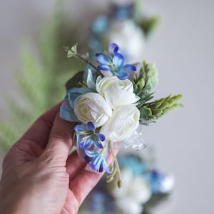 Blue corsage, wrist corsage, blue wrist corsage, rose corsage, boho wedding, rustic flowers, prom corsage, wrist flowers