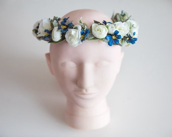 Blue flower crown, flower crown, blue bridal crown, blue floral crown, festival headband, head crown, blue white flower crown