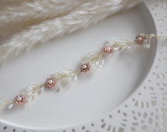 Bridal Hair Vine – Gold & Rose Gold Floral Hair Piece with Pearls and Crystals, Minimalist Hair Vine – Wedding Hair Accessory