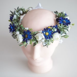 Flower head crown,flower crown,floral crown bride,blue flower crown, festival headband,artificial floral head crown, blue white flower crown