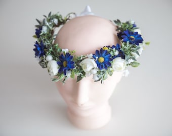 Flower head crown,flower crown,floral crown bride,blue flower crown, festival headband,artificial floral head crown, blue white flower crown