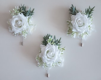 White buttonhole for men, white rose buttonhole, artificial buttonhole, rustic buttonhole, elegant buttonhole, delicate buttonhole, rose pin