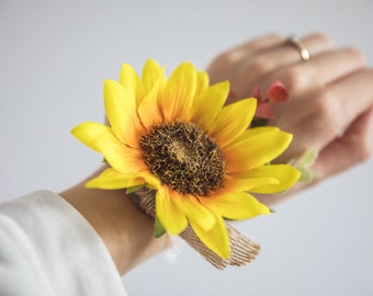 sunflower wrist corsage, artificial corsage, wrist corsage, prom wrist corsage, boho wedding, sunflower prom corsage, wedding corsage