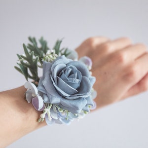 Baby blue corsage, wrist corsage, blue wrist corsage, rose corsage, boho wedding, rustic flowers, prom corsage, wedding corsage